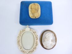 SHELL CARVED CAMEO IN GILT METAL MOUNT, bone carved brooch, possibly Napoleon, and a carved ivory