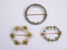 VICTORIAN OPEN TURQUOISE & SEED PEARL SET BROOCHES (2) plus one other, two stamped '9ct' the other