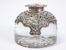 VICTORIAN SILVER TOPPED GLASS INKWELL LONDON 1895, Maker William Comyns & Sons, 7.5cms H, 9cms