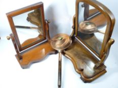 VICTORIAN MAHOGANY SWING TOILET MIRROR & ONE OTHER with a short handled copper warming pan