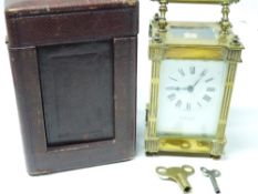 BRASS RUSSELLS LTD LIVERPOOL CARRIAGE CLOCK in original carry case, 15cms H handle up, no winding