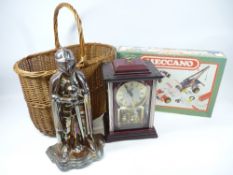 MECCANO, KNIGHT FIRESIDE IRONS STAND, wicker basket and a reproduction mantel clock