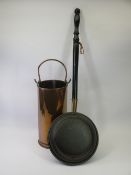 COPPER COAL SCUTTLE WITH SWING HANDLE, 40cms H, (ideal for stick stand) and a long-handled warming