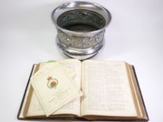 LOT WITHDRAWN - WELSH FAMILY BIBLE, commemorative programme and a floral embossed chrome jardiniere