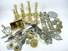 BRASSWARE - horse brasses and straps, a quantity of candleholders, fireside items, ETC