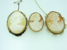 VINTAGE SHELL CARVED CAMEO BROOCHES (3) including two set in 9ct gold mounts, 3 and 4cm lengths, the