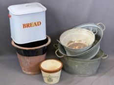 MAYPOLE DAIRY CO LTD POTTERY CREAM CROCK, vintage metal galvanized tubs (3), a bread bin and egg