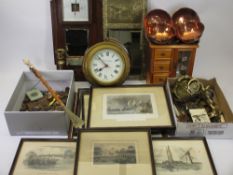 SHIP'S TYPE CLOCK, brass and copperware, framed engravings, a jewellery box, cutlery and coinage