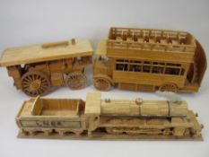 MATCHSTICK MODELS (3) - a locomotive and tender, traction engine and a vintage double decker bus