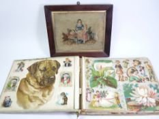 VICTORIAN SCRAP ALBUM - 40 plus covered pages and a small framed woolwork tapestry
