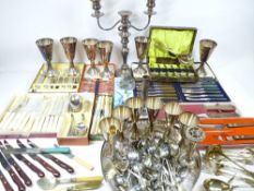 EPNS - cased and loose cutlery, twin branch candelabra, galleried tray and goblets ETC