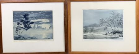 ALICE BARNWELL tinted etchings (2) - titled 'Snow Blossom', 24 x 31cms and 'Autumn Moonlight', 24