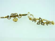 15CT GOLD SEED PEARL SET BAR BROOCHES (2) including a twisted rope decorated example with hanging