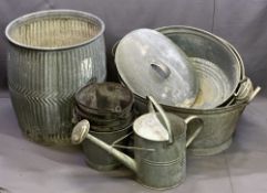 VINTAGE GALVANIZED METAL PARCEL - ribbed wash tub, 53cms H, 47cms diameter, '2G' watering can, three