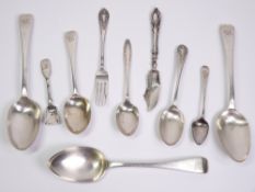 MIXED SILVER FLATWARE, 10 ITEMS, 13.2 troy ozs gross to include three 22cms serving spoons, London