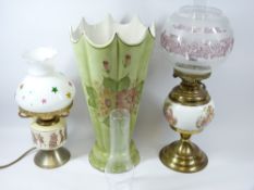 UMBRELLA SHAPED STICK STAND, 44cms tall and two fancy reproduction oil lamps