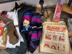 MIXED PARCEL OF ITEMS including sliding bookshelf, vintage editions of Hwyl comic, old flat iron,