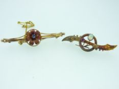 VICTORIAN FLORAL DESIGN BAR BROOCHES IN 15CT GOLD (2) - one having garnet type and Opal flower head,