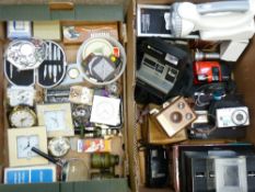 VINTAGE & LATER CAMERAS, modern torches, modern mantel and travel clocks ETC (within 2 boxes)