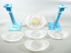 SLAG GLASS CANDLESTICKS - a pair, 26cms tall, 1902 Coronation glass plate, 5cms diameter and