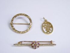 VICTORIAN & LATER GOLD BROOCHES (2) with a Chinese pendant to include a 10ct stamped circular brooch