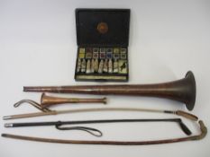 SWAGGER STICK/CROP with carved horn horse head top, two copper hunting horns and a vintage Windsor