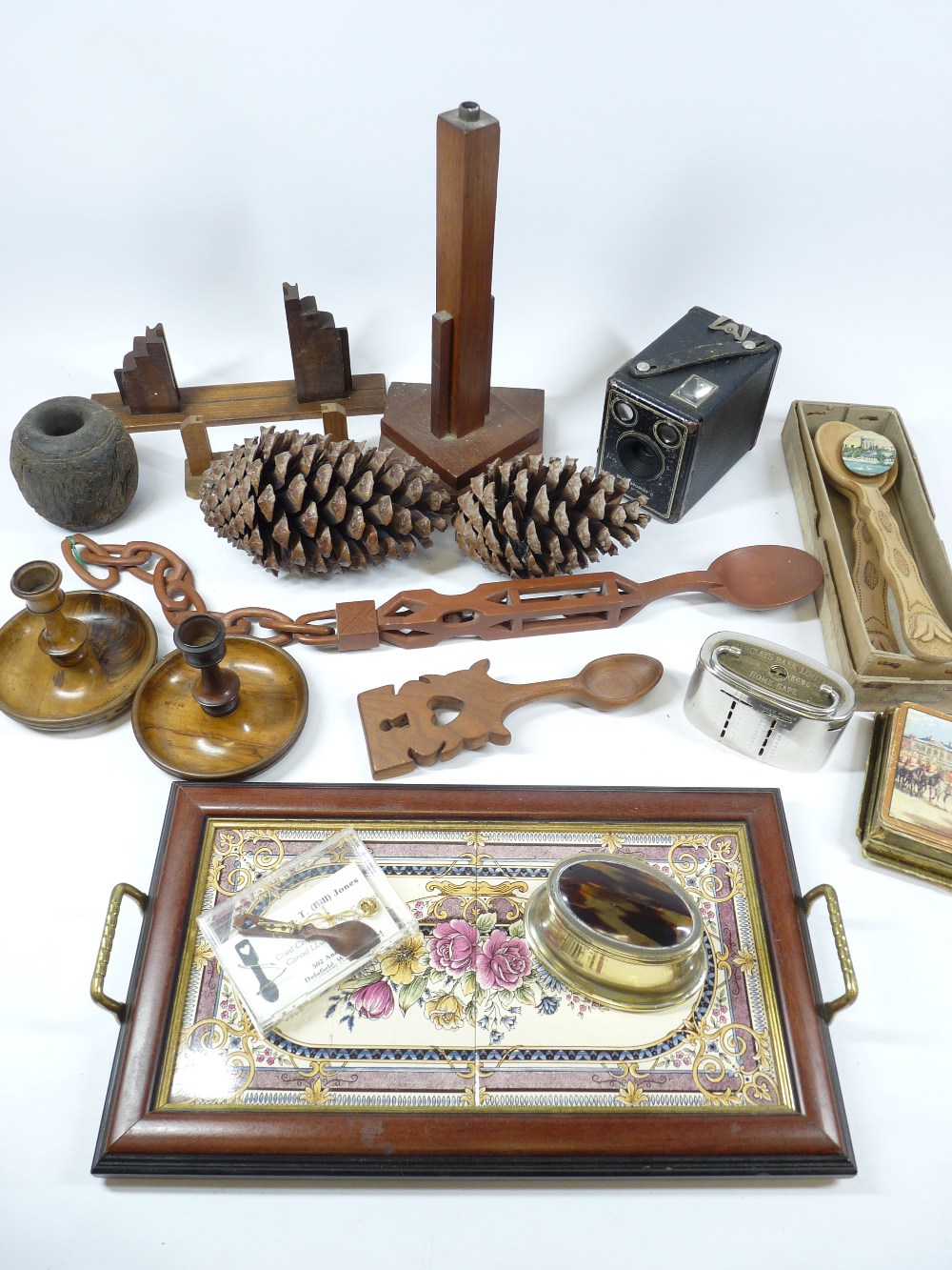 TREEN - an assortment of various miscellaneous items, also, vintage Brownie camera, vintage