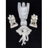 ALABASTER, PLASTER & OTHER COMPOSITION WHITE FIGURINES & PLAQUES - to include an urn topped oval