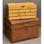 VINTAGE TIN TRUNK with brass lock and iron carry handles, along with a modern slatted pine box,