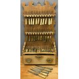 INTERESTING FRUITWOOD?? CUTLERY RACK & CONTENTS to include bone, horn and wooden handled forks and
