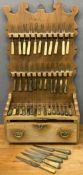 INTERESTING FRUITWOOD?? CUTLERY RACK & CONTENTS to include bone, horn and wooden handled forks and