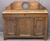 ANTIQUE OAK RAILBACK SIDEBOARD CONVERSION (EX COFFER) - with a shaped railback and central
