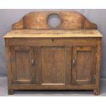 ANTIQUE OAK RAILBACK SIDEBOARD CONVERSION (EX COFFER) - with a shaped railback and central