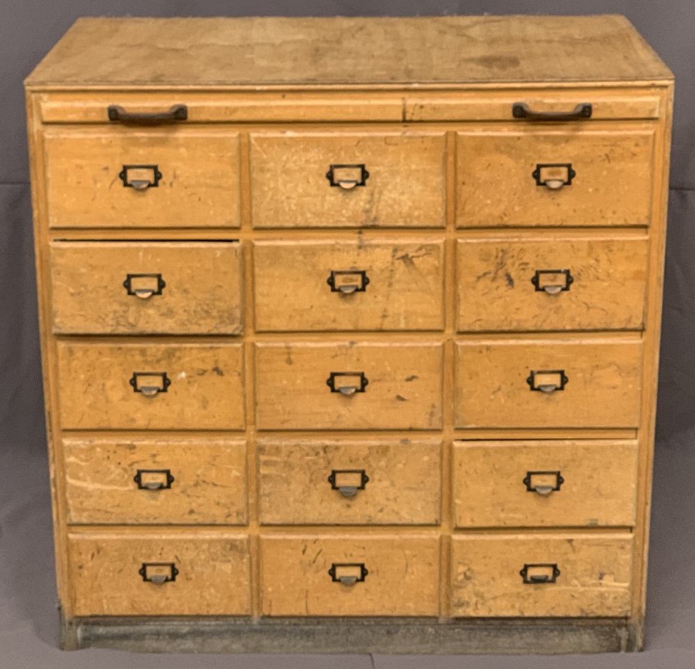 MID-CENTURY LIGHT WOOD CHEST OF 15 SMALL DRAWERS - with office style pulls, 92.5cms H, 92cms W,