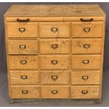 MID-CENTURY LIGHT WOOD CHEST OF 15 SMALL DRAWERS - with office style pulls, 92.5cms H, 92cms W,