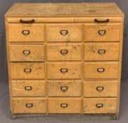 MID-CENTURY LIGHT WOOD CHEST OF 15 SMALL DRAWERS - with office style pulls, 92.5cms H, 92cms W,