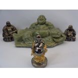 CARVED SOAPSTONE & OTHER COMPOSITION SEATED & STANDING BUDDHAS (4) - 20cms H, 38cms W, 20cms D the