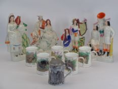 STAFFORDSHIRE FLATBACK FIGURINES (4), Hammersley tankards (5) and a pottery Stein, stamped to the