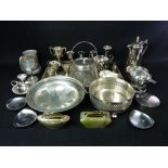 EPNS WARE - a boxed quantity to include a galleried tray, glass biscuit barrel with plated mounts,