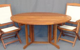 GARDEN FURNITURE - teak effect circular table, 1.5m diameter (foldable) and a pair of similar