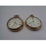 TWO GENT'S WALTHAM OPEN FACE ROLLED GOLD POCKET WATCHES - each with white enamel dial, Roman