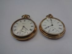 TWO GENT'S WALTHAM OPEN FACE ROLLED GOLD POCKET WATCHES - each with white enamel dial, Roman