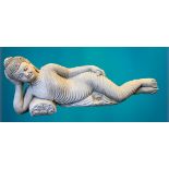 GARDEN STONEWARE - reconstituted statuary of a reclining Buddha type figurine, 28cms H, 80cms L