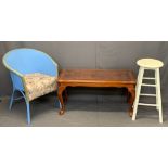 LLOYD LOOM STYLE ARMCHAIR, YEW WOOD LONG-JOHN COFFEE TABLE and a white painted stool, 75cms H, 54cms