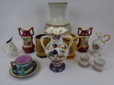 WHITE STARLINE DOUBLE EGG CUPS (2), Majolica cup and saucer, twin-handled bird decorated vase ETC