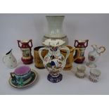 WHITE STARLINE DOUBLE EGG CUPS (2), Majolica cup and saucer, twin-handled bird decorated vase ETC