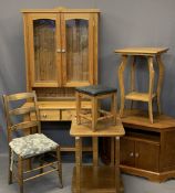 REPRODUCTION PINE NEATLY PROPORTIONED GLASS TOP DRESSER having interior glass shelves on an open