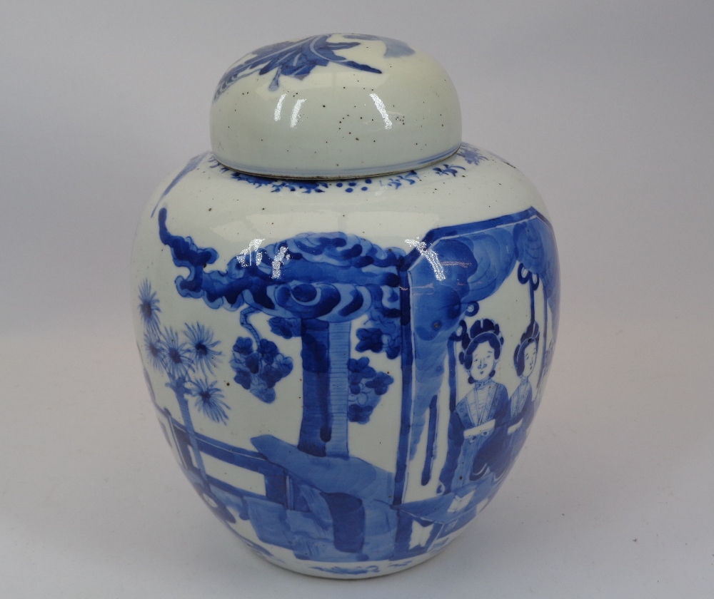KANGXI MARKED CHINESE BLUE & WHITE GINGER JAR & COVER - 20th century, painted with various figures