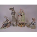 VICTORIAN & LATER PORCELAIN FIGURINES (4) - including a figural group of two young girls, seated