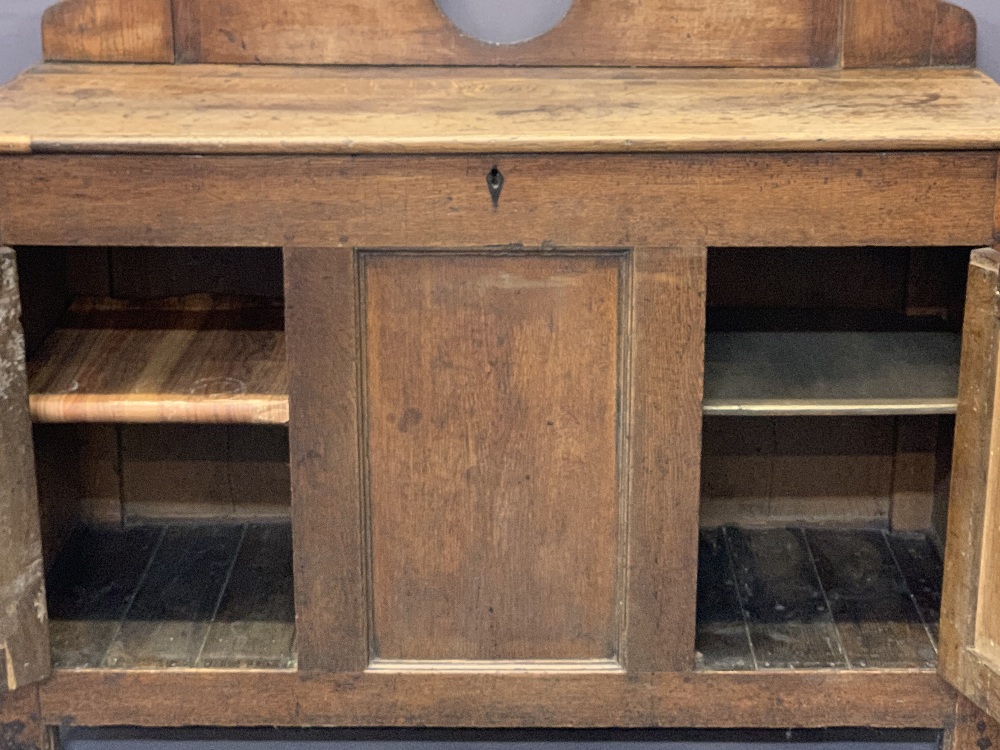 ANTIQUE OAK RAILBACK SIDEBOARD CONVERSION (EX COFFER) - with a shaped railback and central - Image 3 of 5